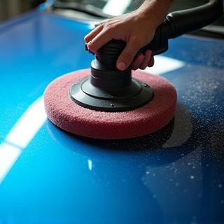 A polisher machine moving over a car's hood, showing a half-polished effect.