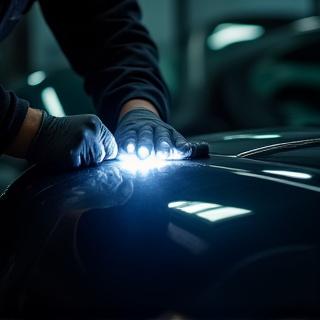 A technician using a light to inspect the paintwork on a car.